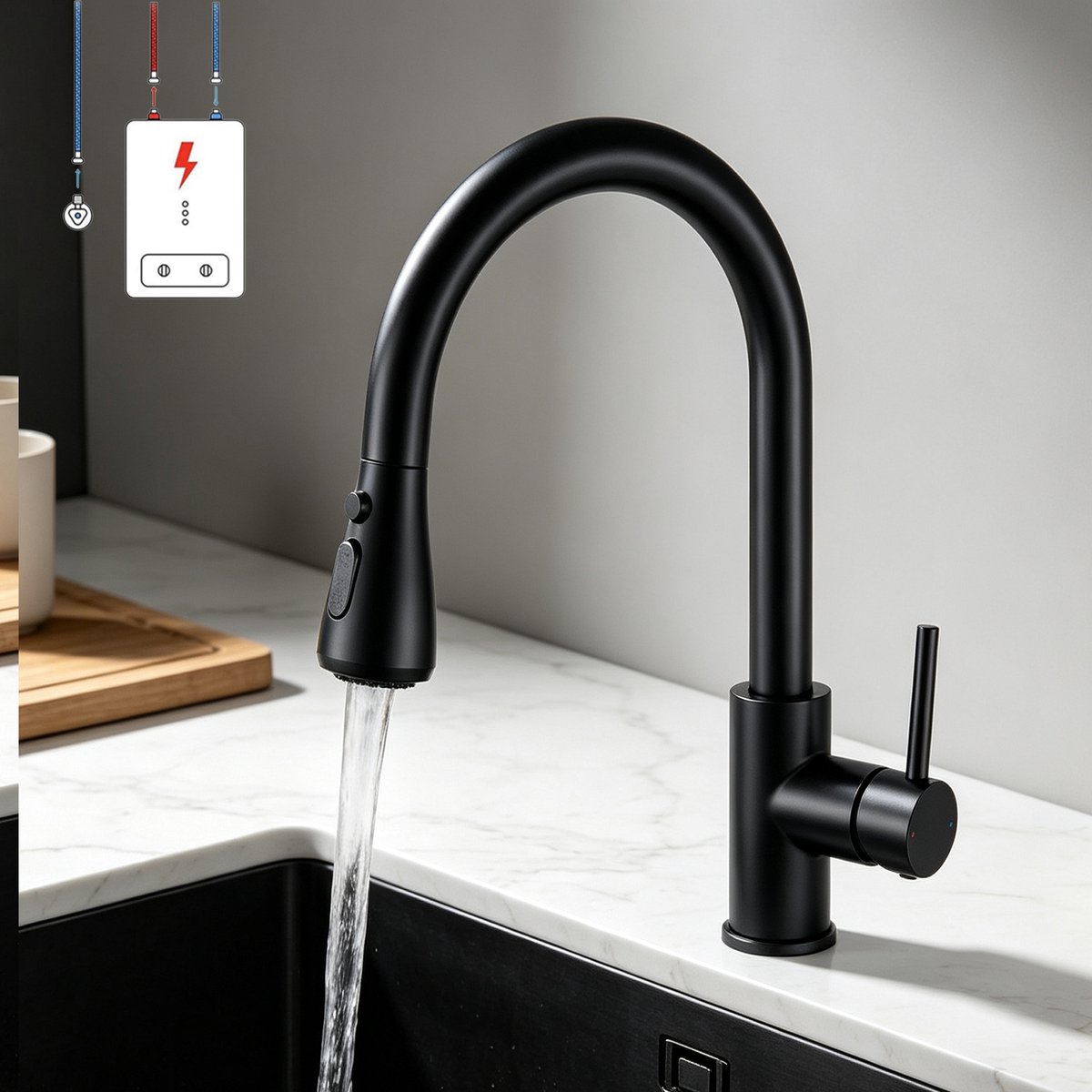 CECIPA Max Keukenkraan Met Uittrekbare Uitloop - Lagedruk Keukenkranen Zwart - Handdouche - 3 Waterafvoermodi – Keukenmengkraan