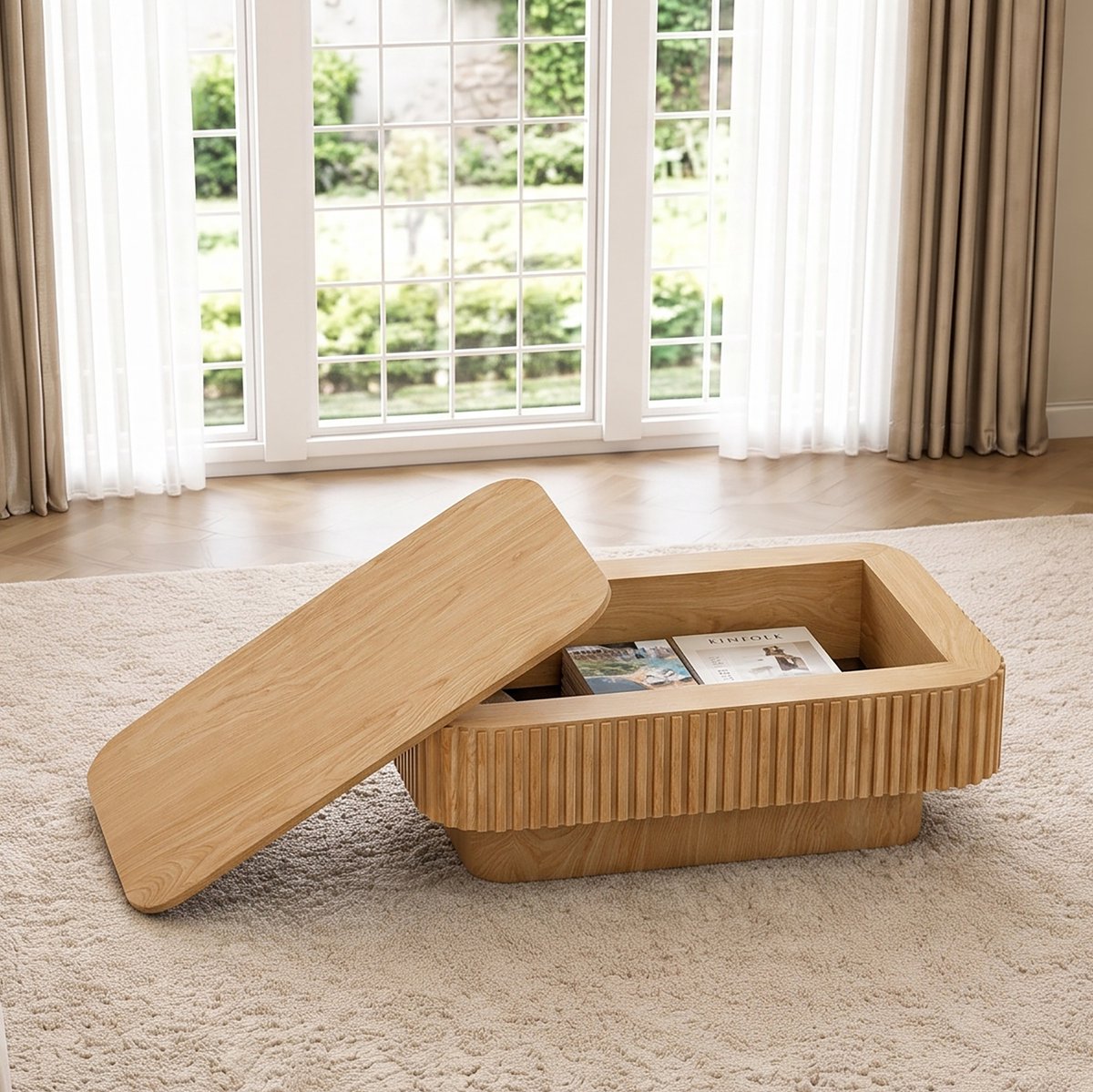 REDOM - Salontafel - Verborgen opbergruimte - Afneembaar klapdeksel - Geribbelde structuur - Moderne stijl - MDF en houtfineer - Natuurlijk hout - 98 x 60 x 35 cm