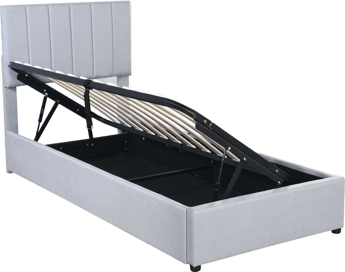 WUVRIE Kinderbed 90x200 cm met hydraulische opbergruimte en verstelbaar hoofdbord, gestoffeerd in grijs