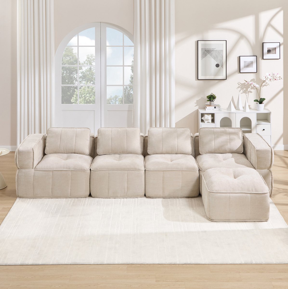 Wishdor Hoekbank - L-vormig modulair ontwerp - Met hocker en brede armleuningen - Scandinavisch basic - Woonkamer - Polyester - Beige - 344 x 162 x 67 cm