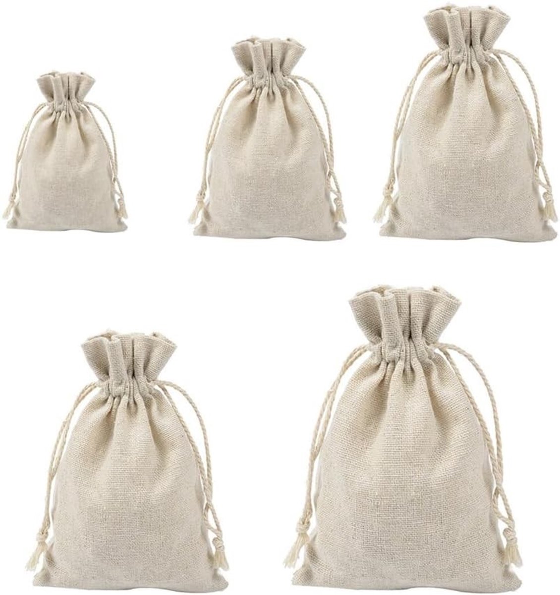 Set van 5 Jute Tassen in Diverse Maten, Katoenen Trekkoord Tassen voor Kerstfeesten en Creatieve DIY Projecten