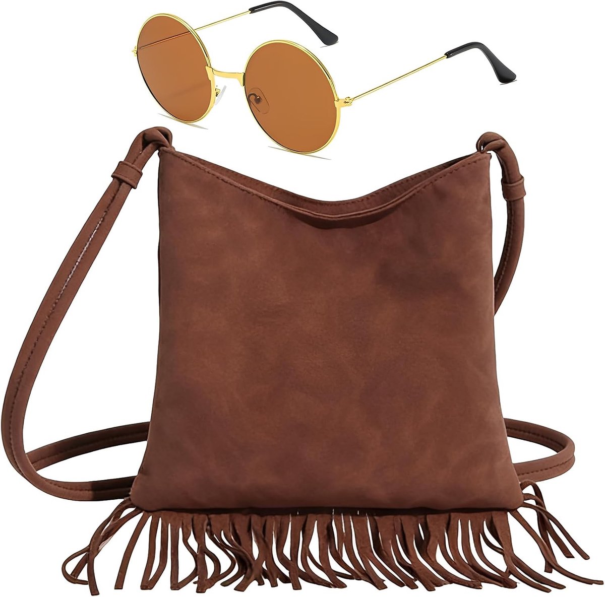 Hippiekostuum voor dames met accessoires, jaren 70 outfit voor carnaval, festivals en boho stijl, inclusief ronde bril en tas
