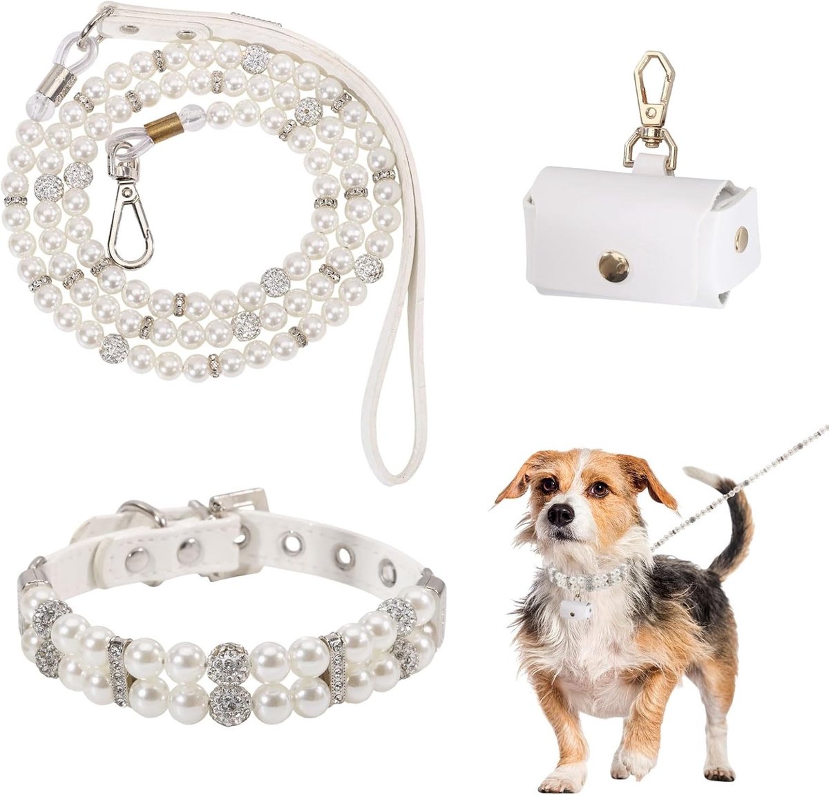 Hondenhalsband met Leash en Ring Draagtas, Parelketting Halsband en Beaded Leash voor Trouwerij en Feestelijke Foto's