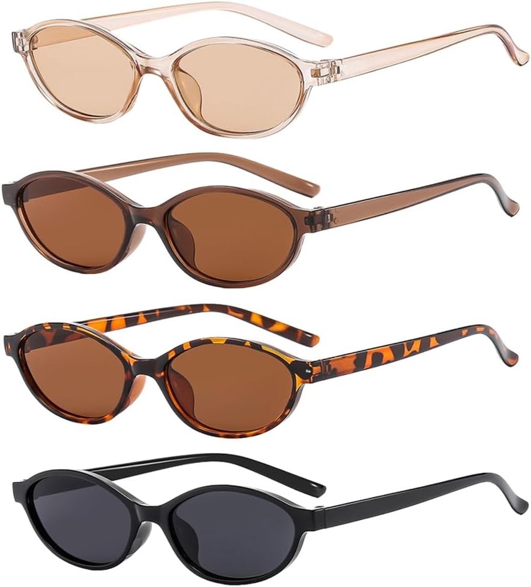 Set van 4 Smalle Cat Eye Zonnebrillen voor Dames - Vintage Retro Ovale Monturen voor Strand, Festival en Dagelijks Gebruik