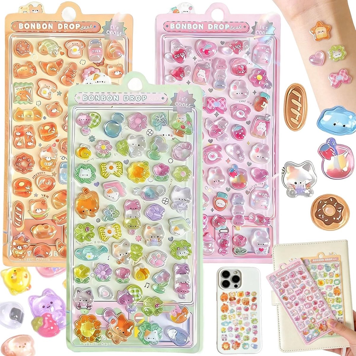 Set van 3 Kawaii Dieren Stickers, 3D Cartoon Embossing Decoratieve Stickers voor Kinderen, Creatieve Cadeaus en Beloningen
