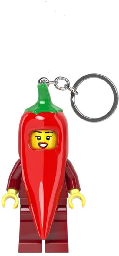 Sleutelhanger met rode chilipeper-kostuum Lego minifiguur met groene steel en lichtgevende ogen.