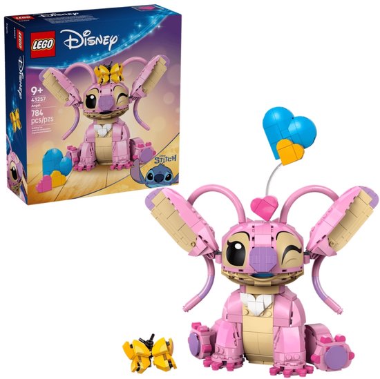 Boîte et Angel rose en LEGO, avec de grandes oreilles, un clin d'œil et des ballons en forme de cœur.