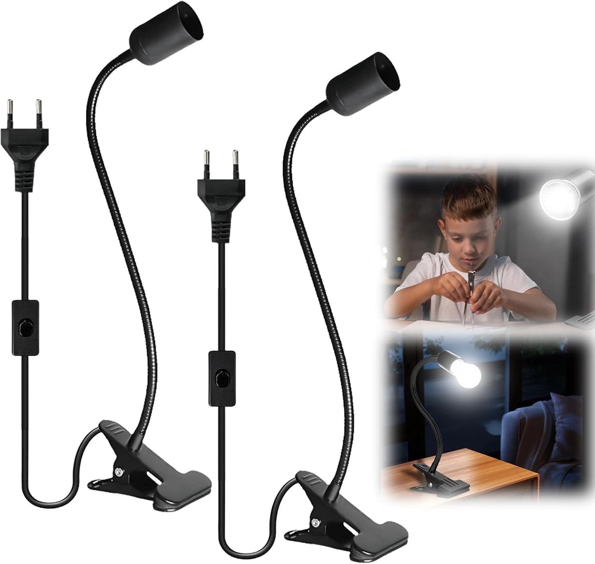 Set van 2 Klemlichten met E27 LED Lampen, 360° Verstelbare Klem Lampen met Flexibele Hals en Schakelaar, Ideaal voor Lezen en Binnenverlichting, Zwart
