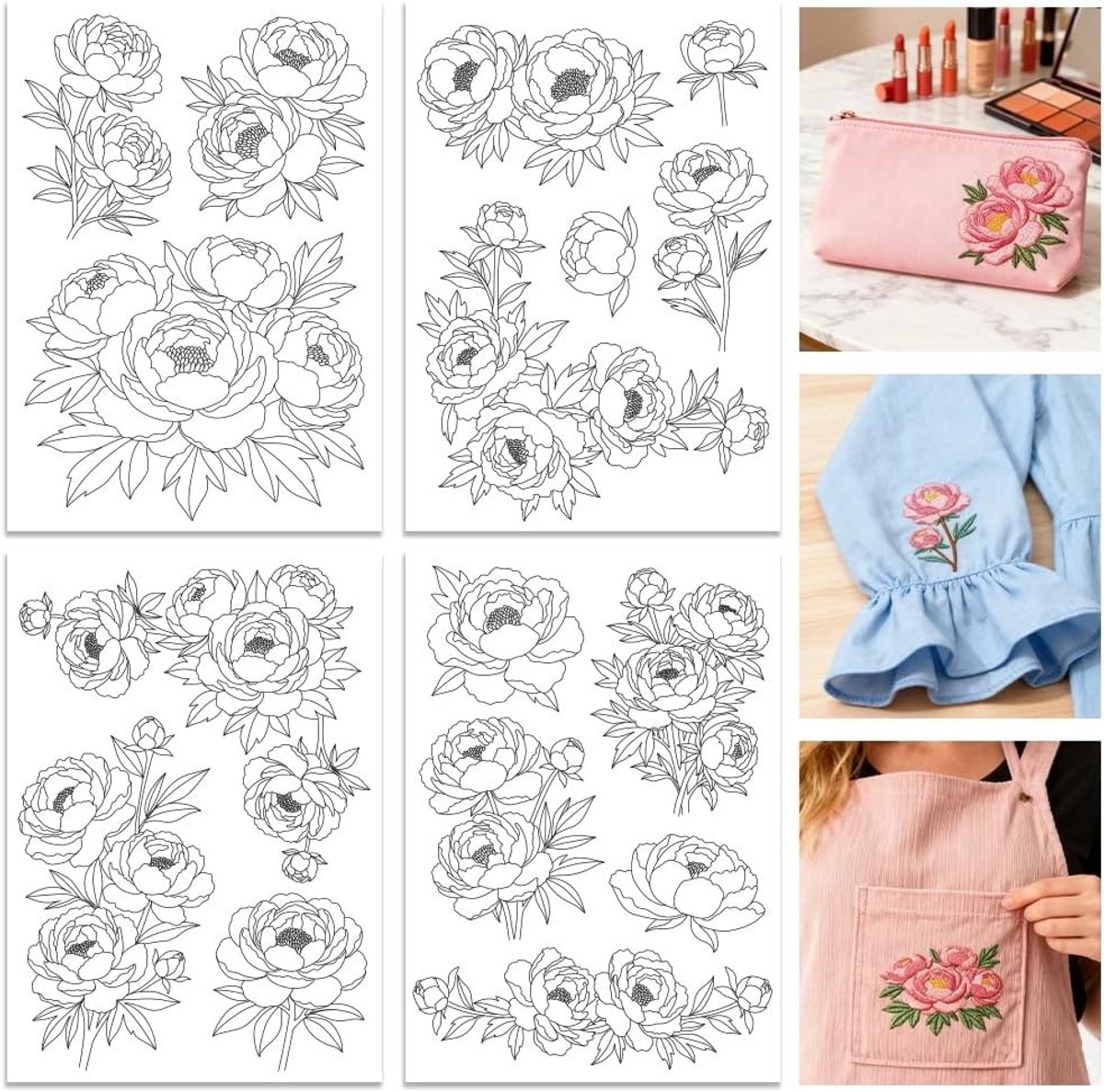 4 Stuks Wateroplosbare Borduurpatronen Stabilizers - Voorafgedrukte Bloemrijke Pioenrozen Ontwerpen - Stick & Stitch Borduurpapier voor Handwerkliefhebbers en Creatieve Projecten