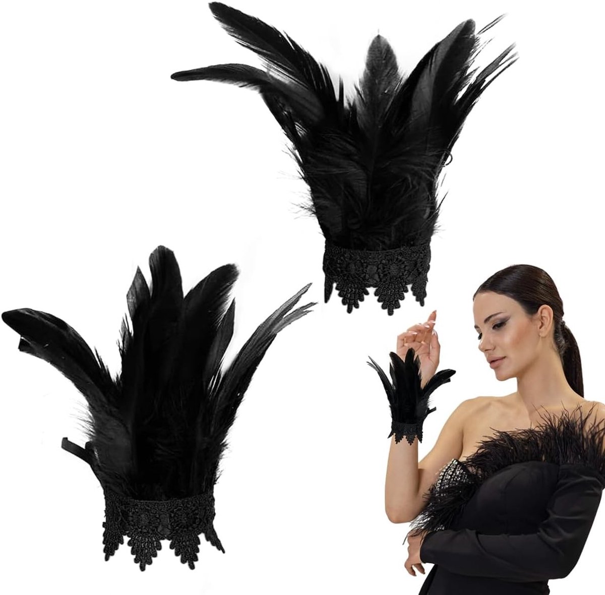 Gothic Polsbanden met Veerdesign voor Halloween Cosplay, Zwart, 1 Paar, Maat M, Uniek Accessoire