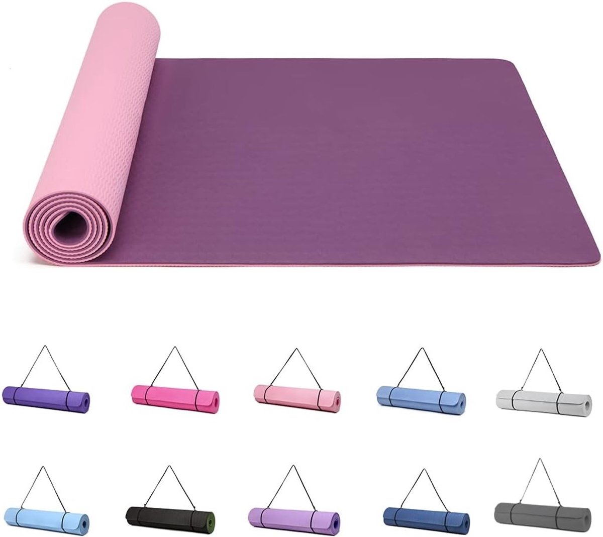 Antislip mat fitnessapparaat - Paars/Roze - 183 x 61 x 0,6 cm - TPE Yogamat met Draagriem - Voor Pilates en Gymnastiek