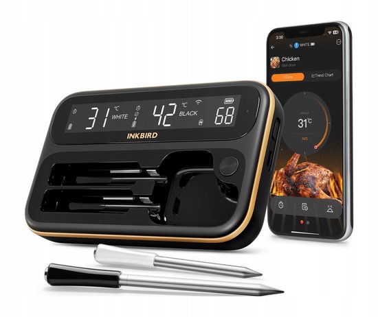 Inkbird BBQ thermometer met twee sondes, en een smartphone met app. Toont 'White' 31°C, 'Black' 42°C en 68°C. Zwarte behuizing met gouden rand.