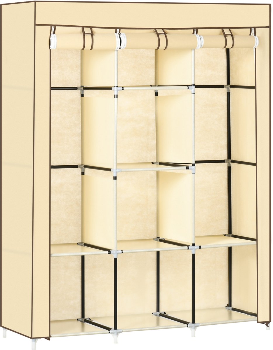 Homcom stoffen kledingkast met 8 planken - Kast met 2 kledingstangen opvouwbaar - Garderobekast slaapkamer - Beige