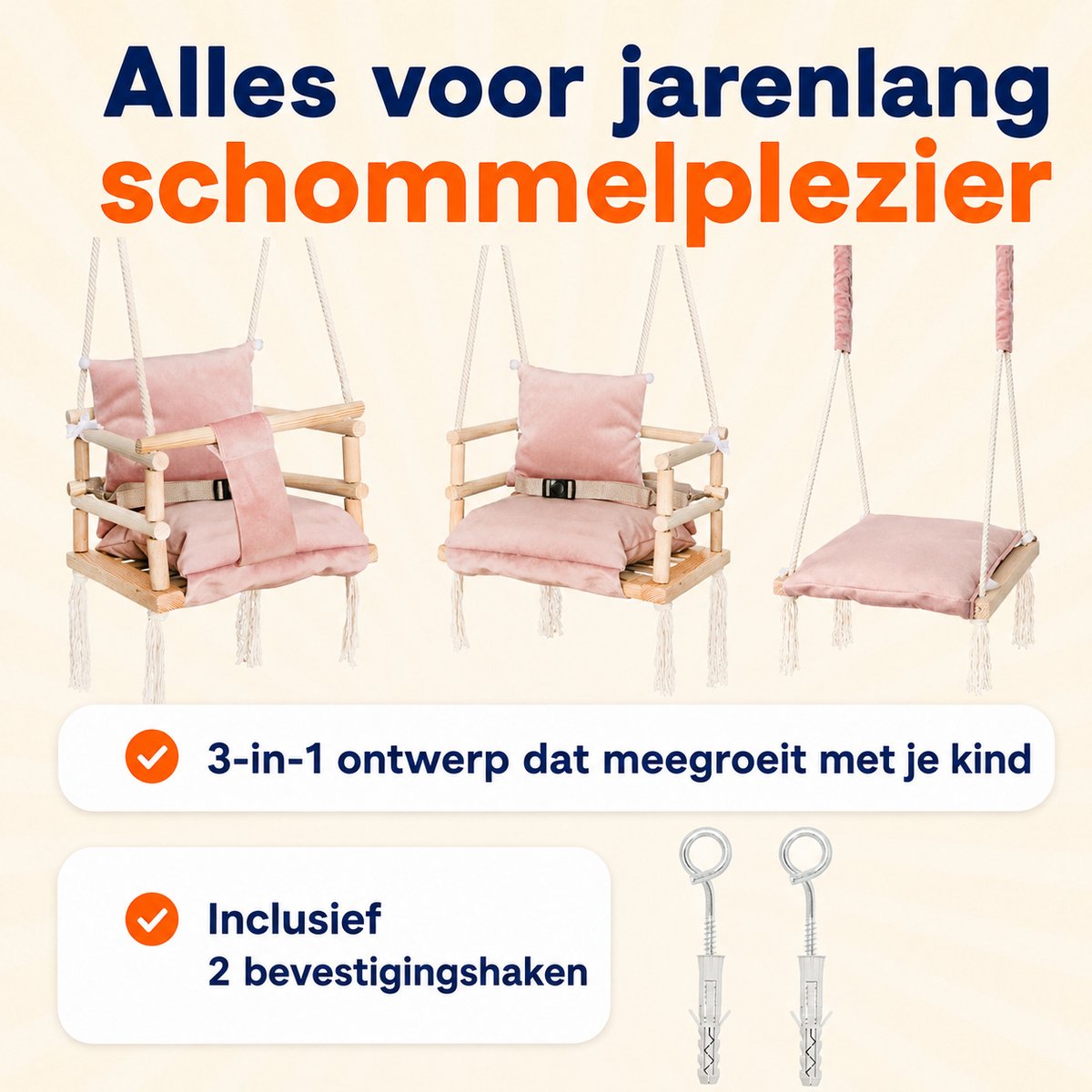 Trendmix Babyschommel Roze 3-in-1 – Houten Meegroei Kinderschommel – Vanaf 8 Maanden – Inclusief Ophanghaken – Tot 25 kg — afbeelding 2