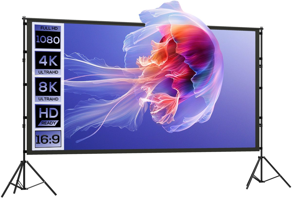 120 - inch 16:9 HD 4K/8K projectiescherm met statief - draagbaar videoprojectiescherm - 309x62x217cm - wit en zwart