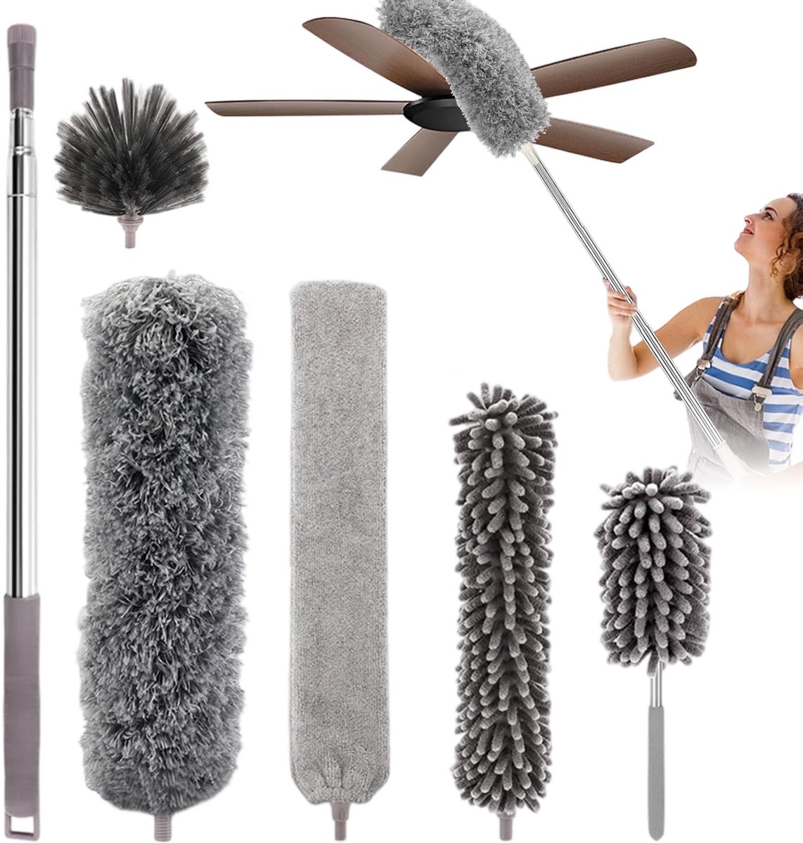 Plumeau Uitschuifbaar - Stofborstel - Ragebol met Telescoopsteel - Duster - Tot 252cm - 5 Verwisselbare Koppen - Wasbare - Chenille & Microvezel - Stoffer - Voor Plafond & Boekenkasten & Raam - Schoonmaken Zonder Ladder