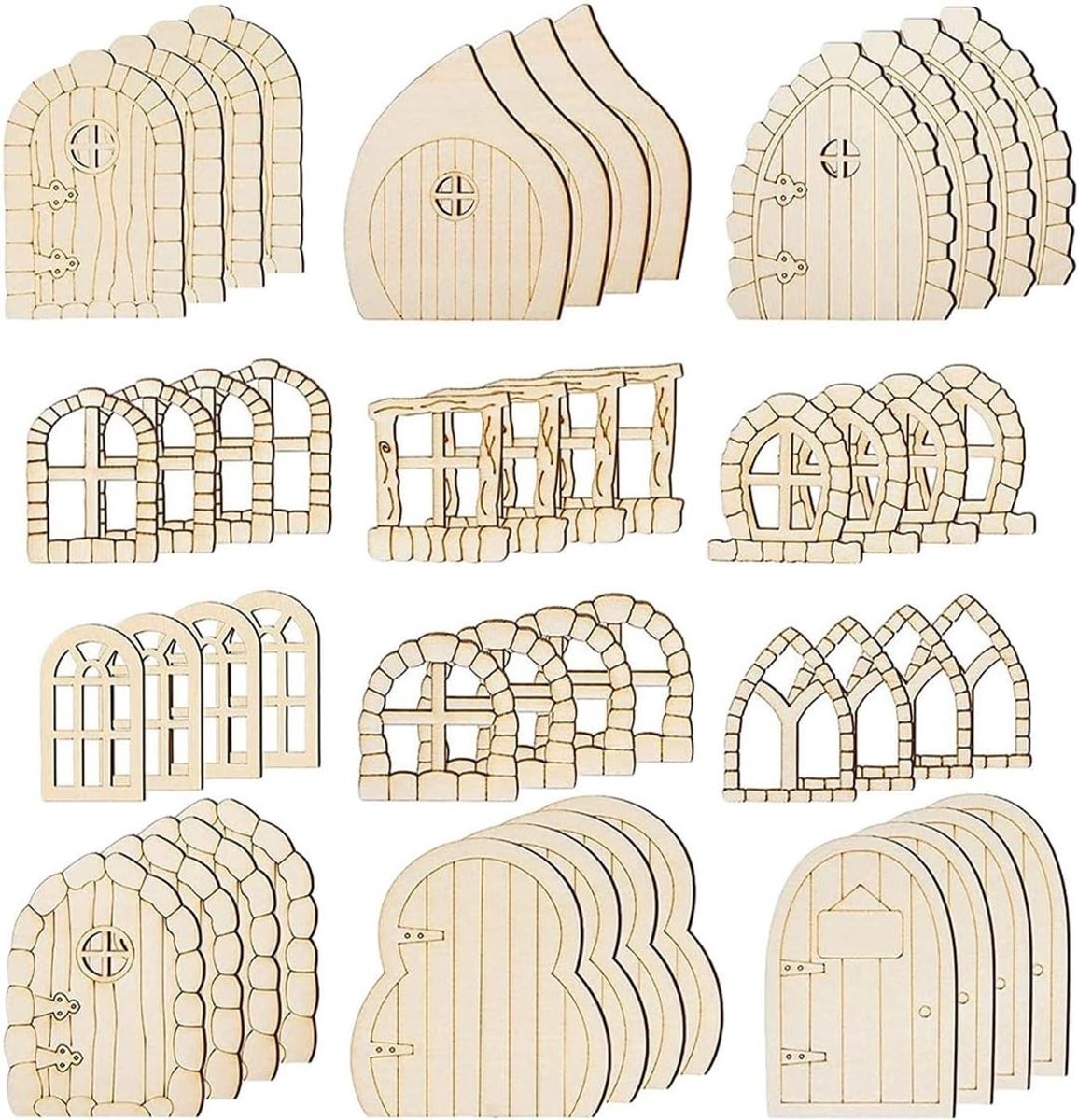 Miniatuur Houten Fairy Deur Set van 48 Stuks, Lege Tuin Deur met Holle Raam voor Creatieve Klussen en Decoratie