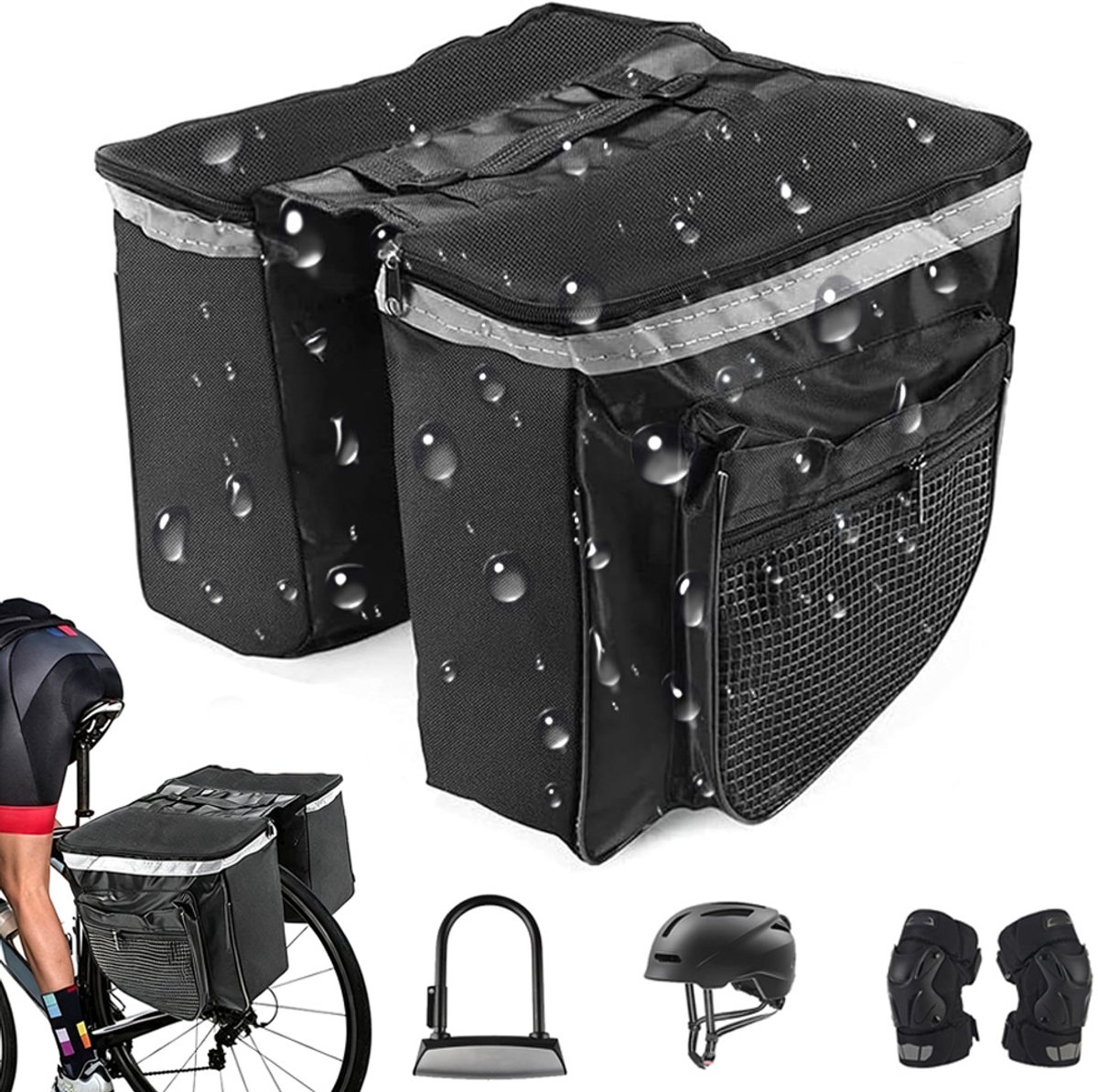Fietstas 30L - Fietstassen - Zadeltas Fiets - Bagagedrager Tas Voor Fiets- 37x30x26 cm - Waterdicht & Slijtvast - Reflecterende Strips - Ruime Vakken - 4 Verstelbare Riemen - Voor Woon-werk & Trekking