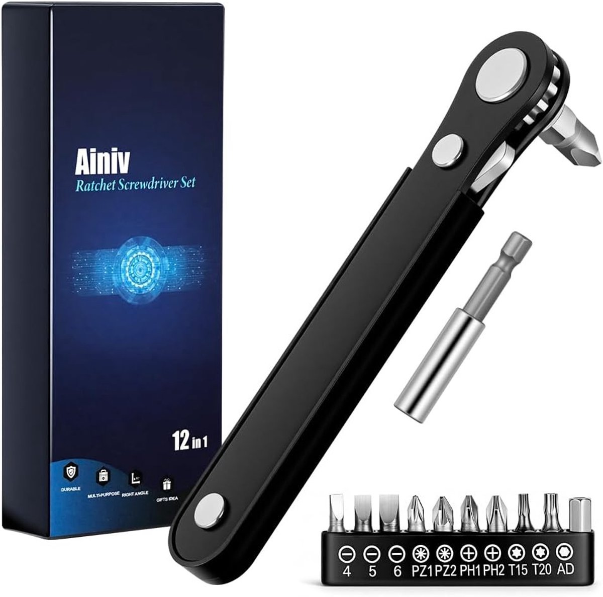Set van 12 Mini Ratchet Schroevendraaiers met Magnetische Rectangulaire Dubbelzijdige 6 mm, Inclusief 1 Verlengstuk en 10 Schroefbits voor Smalle Ruimtes en Precisiewerk