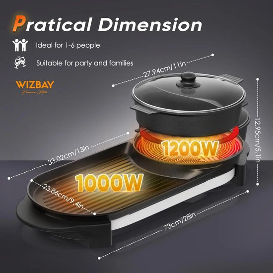 WizBay Premium Select® 4 in 1 Dual Aziatische Shabu HotPot - Afneembare Pan - Funcooking - 2 Bouillon Gedeelten - Grill - Gourmetten - Fondue - 6 tot 8 Personen - 2200W - Anti Aanbaklaag - 73 cm Lang — afbeelding 4