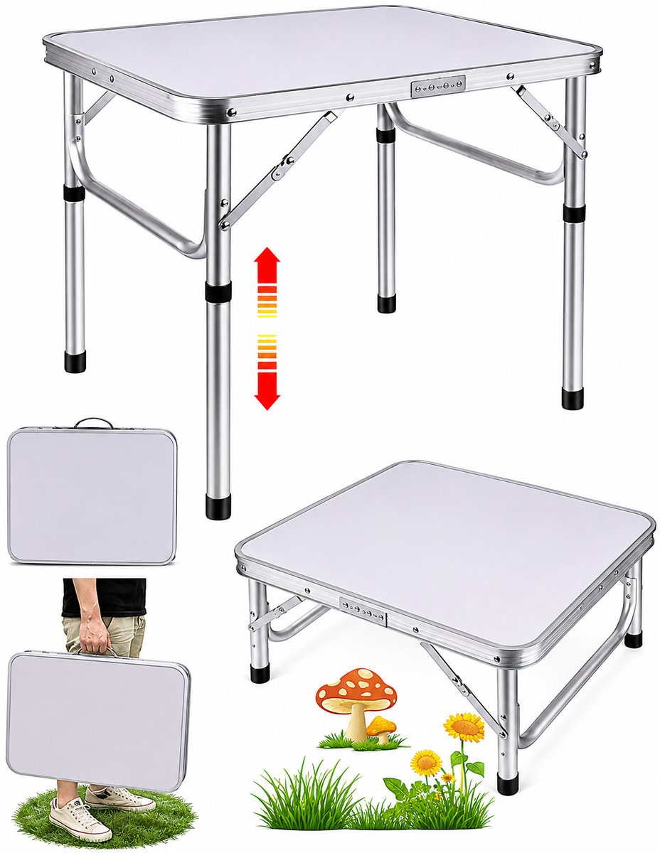 DPLUNIQ Tafel - Campingtafel - Tuintafel - Kampeertafel - Opvouwbaar - 75x55x70cm - 2 Hoogtes - Max 110kg - Aluminium - Zilver