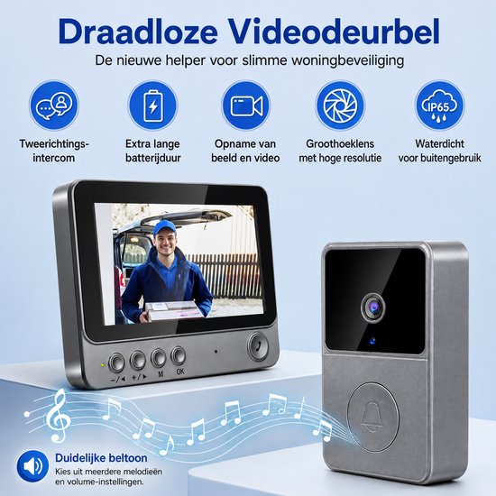 AALVERO - Videodeurbel - Deurintercom - IP65 - 170 ° Kijkhoek - Nachtzicht - 6 Beltonen - 4,3 inch - 640 x 480 - TF-kaart - Zwart — afbeelding 4