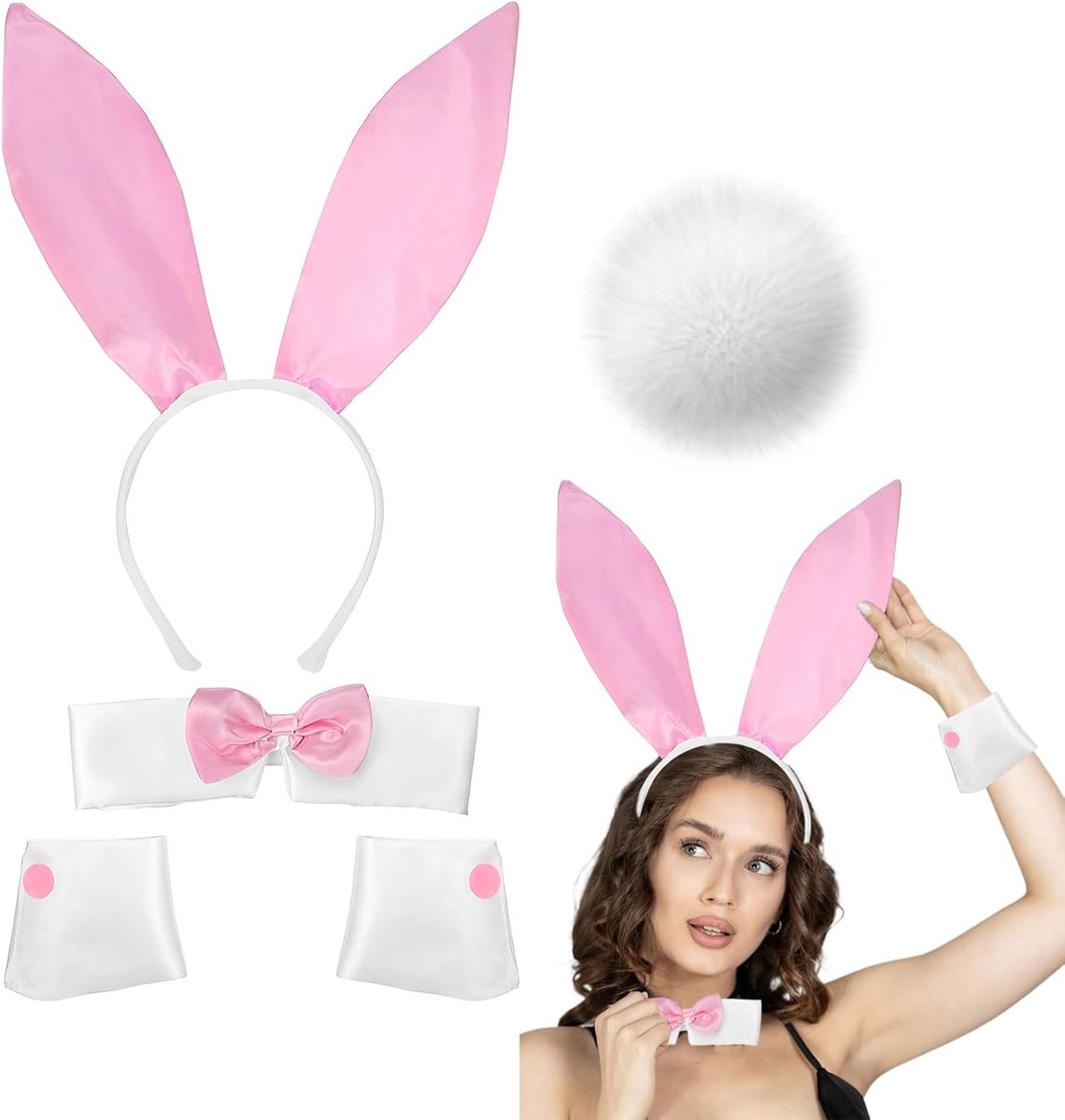 Complete Bunny Kostuum Set met Oorbellen, Strik, Manchet en Staart - Perfect voor Feestjes en Themafeesten - Unisex - Wit en Schattig