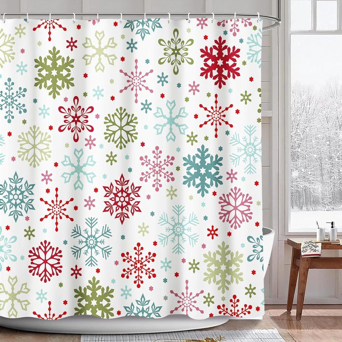 Winterse Douchegordijn met Sneeuwvlokken in Rood, Blauw, Groen en Roze - Waterdicht Badkamerdecoratie voor Kerst en Nieuwjaar 180x180cm
