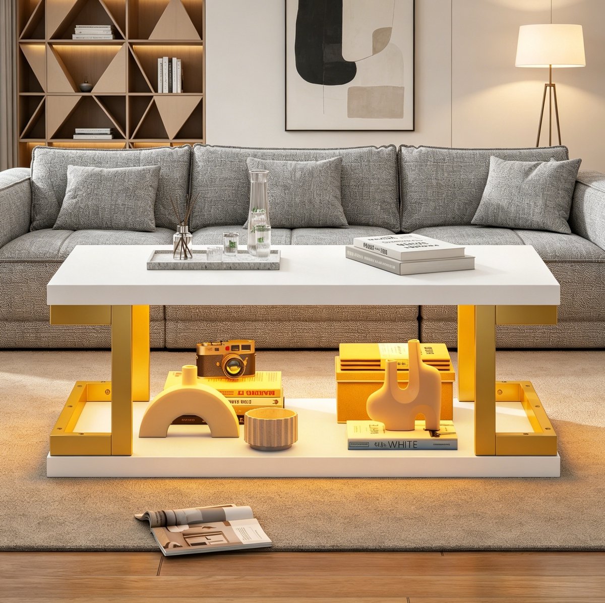 MODENUIT Salontafel - Rechthoek Met LED-Verlichting - MDF En Metaal - Wit Goud - 100x50x37,5 Cm