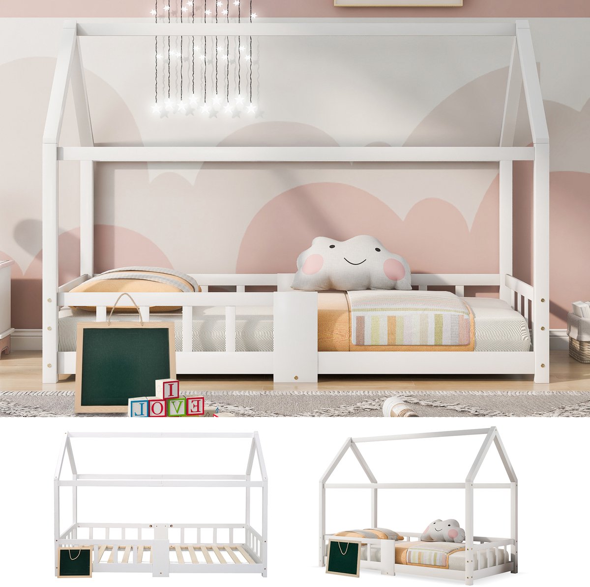 WUVRIE Kajuitbed 90x200 cm met veiligheidsranden en krijtbord, wit