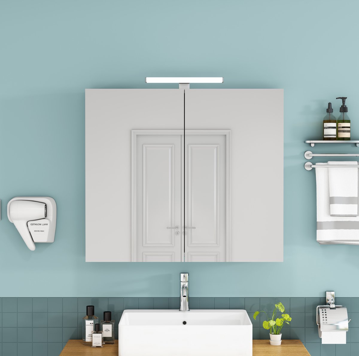 MIVRAY Spiegelkast - Wandmodel Met LED Verlichting En Stopcontact - Voor Badkamer En Toilet - MDF En Glas - Wit - 80x16x70 Cm