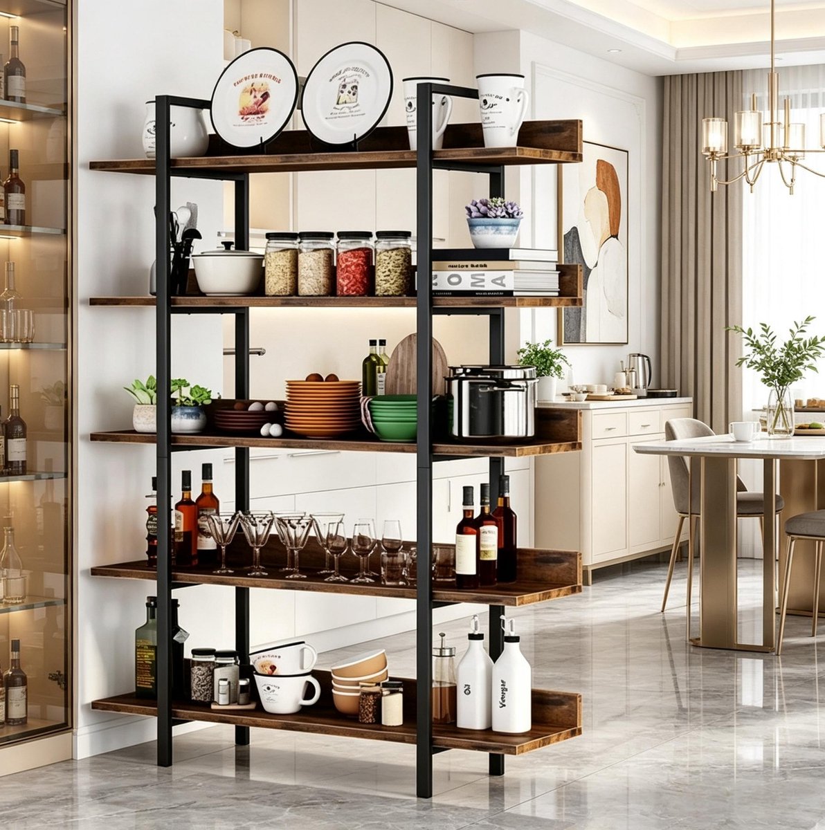 REDOM - Boekenkast - 5 niveaus - Open opbergrek - Industrieel design - Woonkamer, kantoor, keuken - Metaal en hout - Zwart, Rustiek bruin - 105 x 33 x 180 cm