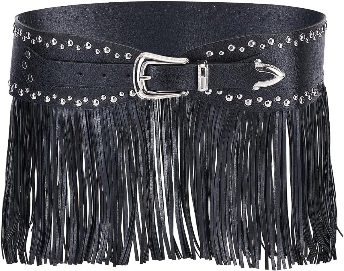 Zwarte randgordel van PU leder voor gothic punk boho stijl met franjes en studs, ideaal voor Halloween en danskostuums voor vrouwen