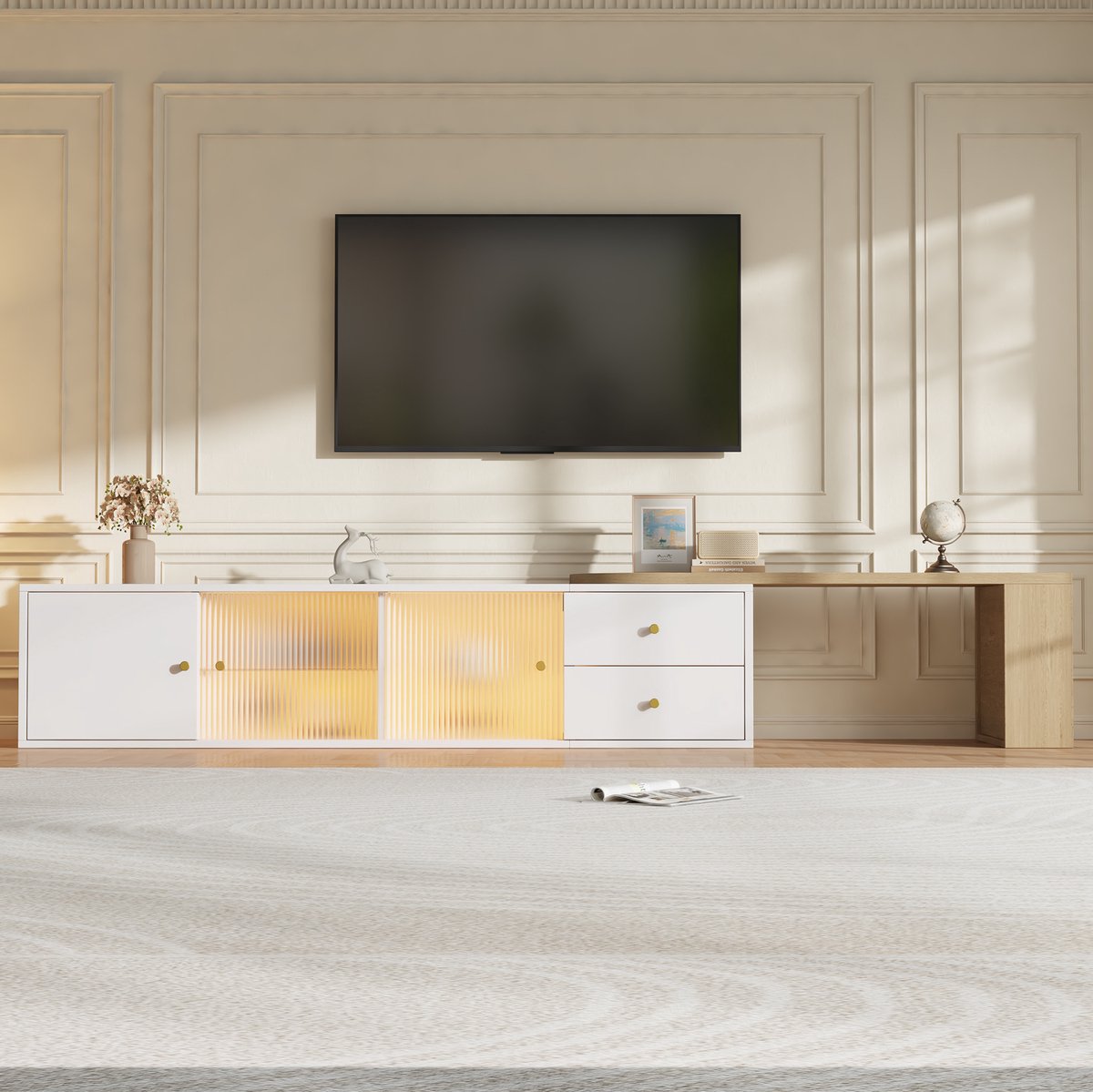 TV Meubel - Uittrekbaar Met LED-Verlichting - Woonkamer - Spanplaat - Wit/Natuur - 175x40x35,5 Cm