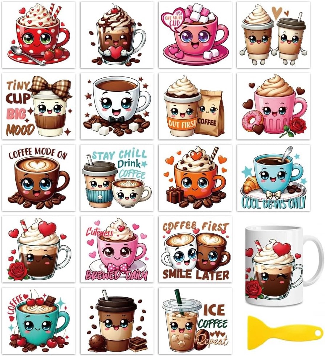 18 Bladen Rub On Transfers voor Creatieve Projecten - Leuke Koffie Cartoon Stickers voor Hout, Glas en Metalen Bekers - Waterproof en UV-bestendig 9.2x10cm