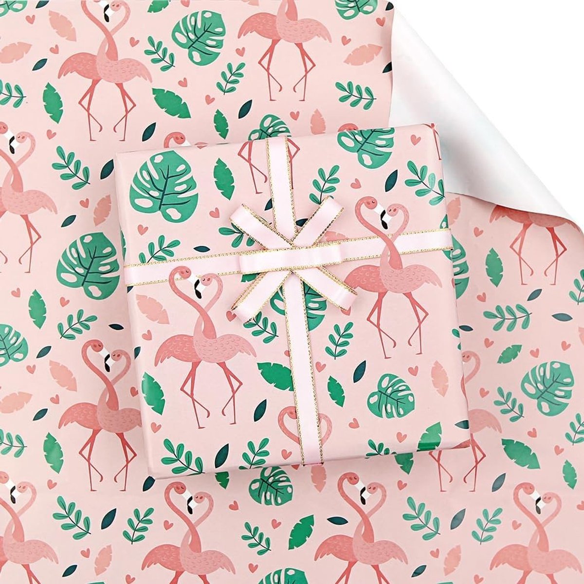 Verjaardagscadeau in Tropisch Thema met Flamingo en Monstera, 4 Vellen Inpakpapier 50x70cm, Perfect voor Feestjes en Decoratie