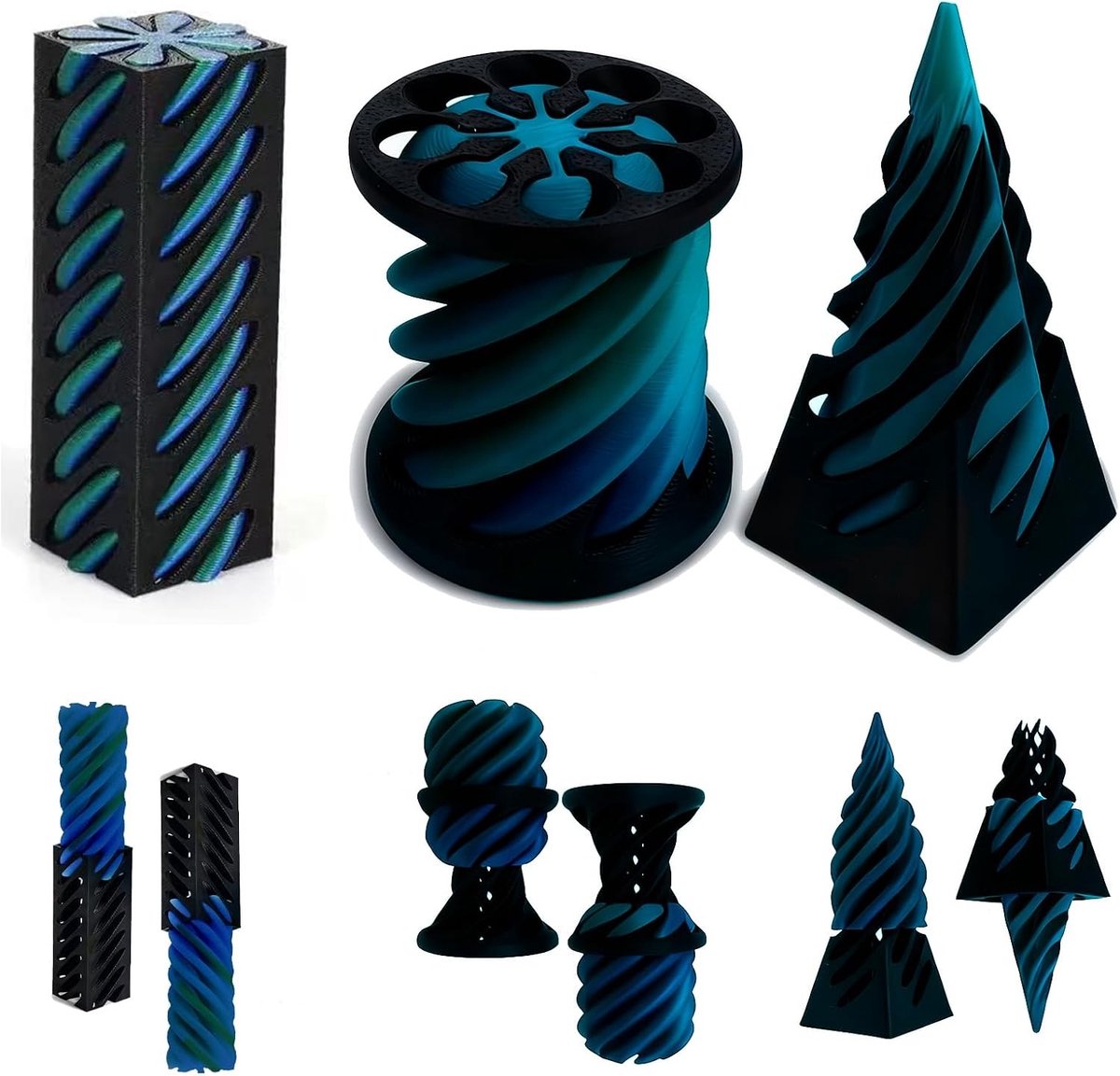 Set van 3 Decoratieve 3D Geprinte Spiral Towers, Zwart met Blauw-Groene Iriserende Afwerking, Perfect voor Bureau Decoratie, Hoogte 4.8 cm