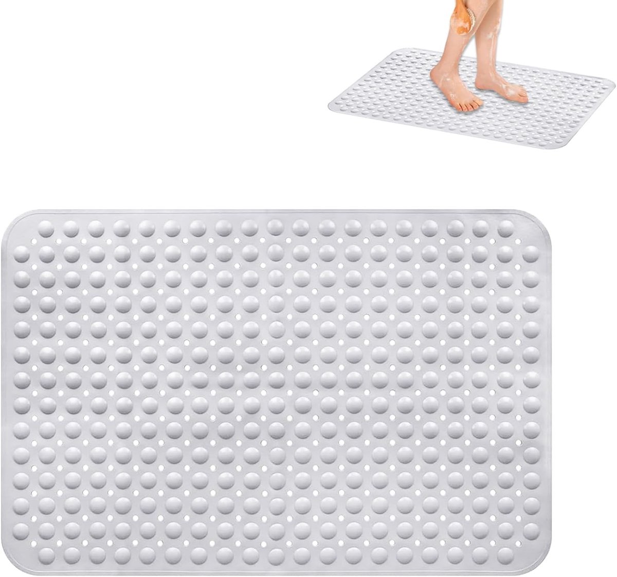 Antislip Douchemattens 60 x 90 cm met Afvoeropeningen en Zuignappen - Machinewasbare Douchemattens voor Badkamers en Badkuipen in Wit