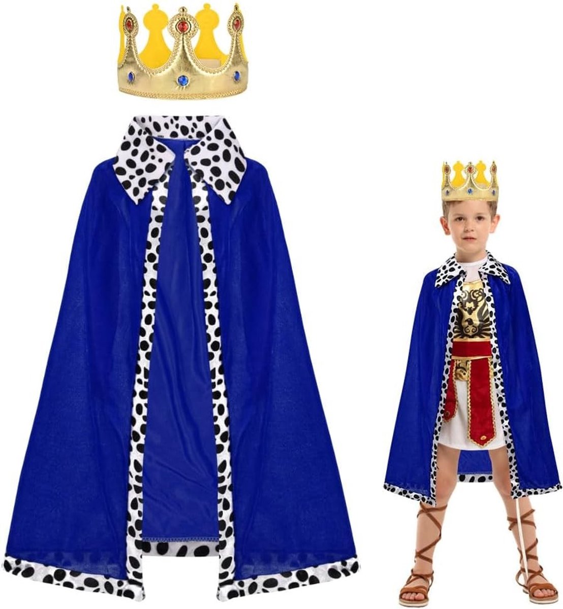 Middeleeuwse Cape met Kap voor Volwassenen en Kinderen, Koning en Koningin Kostuum voor Halloween, Kerst en Carnaval, Rood en Blauw Kostuum Accessoire