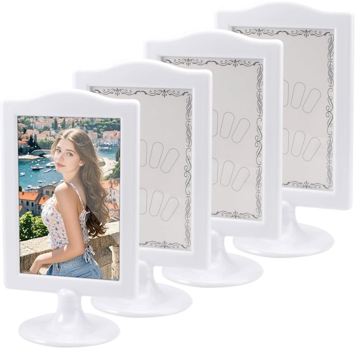 SSTRWGOOD Dubbelzijdige fotolijstjes - Set van 4 - Staande lijstjes - Elk lijstje biedt ruimte aan 2 foto's - Geschikt voor foto's, bruiloften, feesten, enz. - 10 x 15 cm - Wit