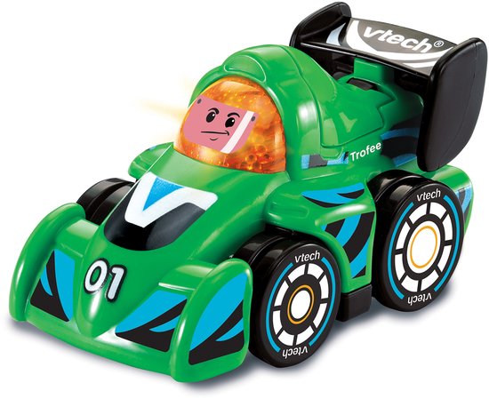 Groene raceauto met spoiler, nummer 01, vtech logo en blauwe accenten.