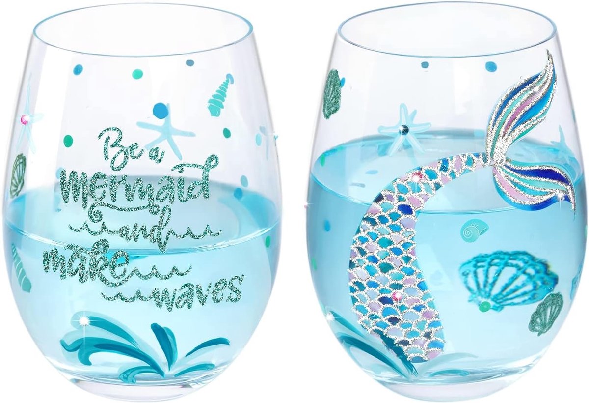 Set van 2 Handgeschilderde Wijnglazen zonder Steel met Zeemeermin Ontwerp - Persoonlijk Cadeau voor Vrouwen, Vrienden en Familie - 18 Oz