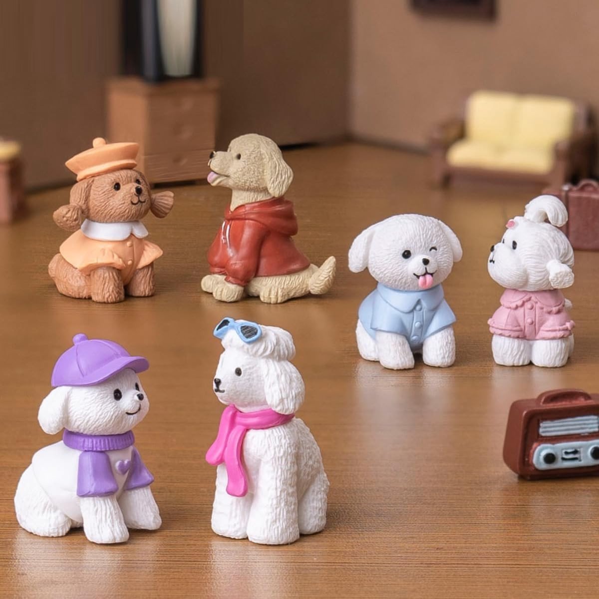 Schattige Mini Hondenfiguren Set van 6, Verzamelbare Puppy Beeldjes in Mode, Perfect als Cadeau voor Dierenliefhebbers