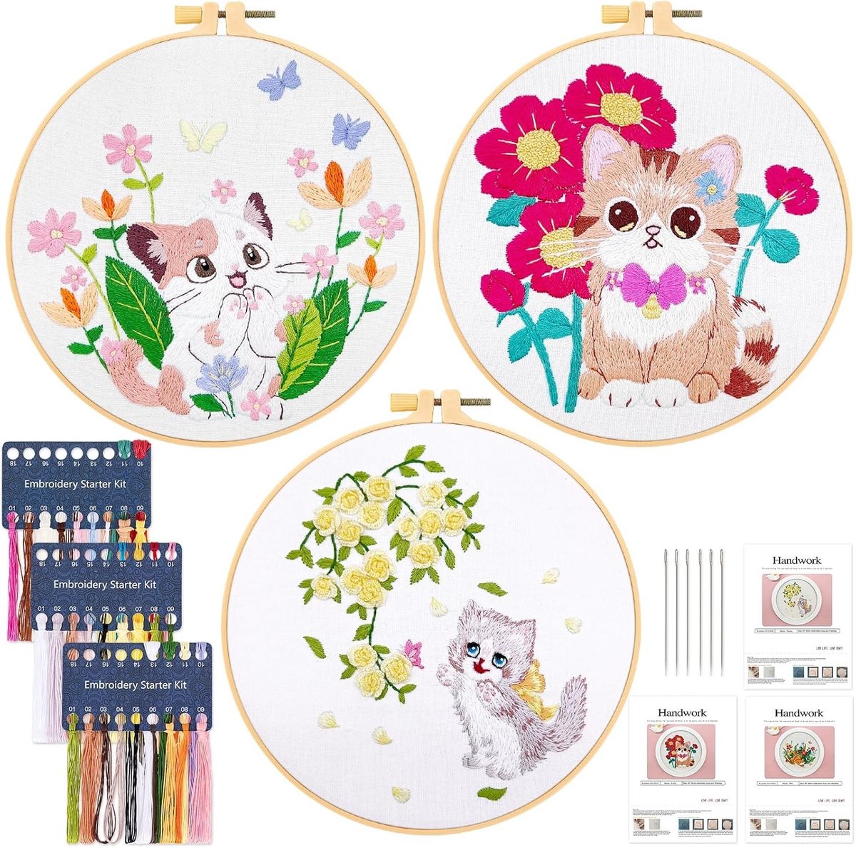 3 Sets Borduurstarter Kit voor Volwassenen en Beginners, DIY Handgemaakte Naaldpunten, Kruideniers Borduurset met Katten- en Bloemenpatronen
