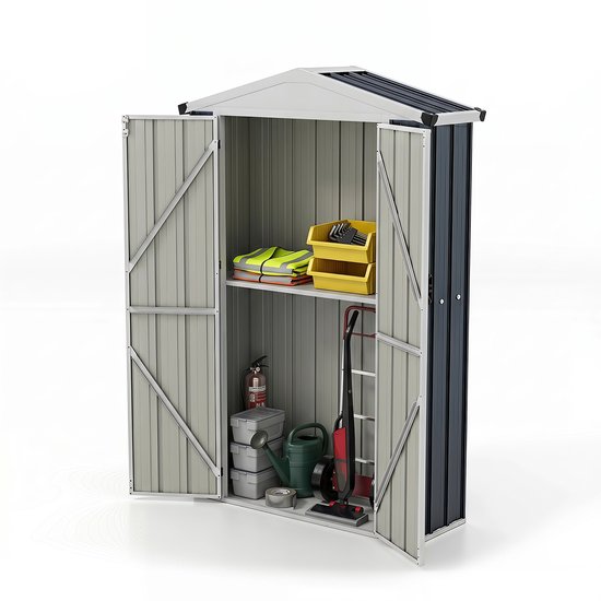 Grijze metalen opbergkast met open deuren. De kast bevat gereedschap, een brandblusser, gieter en schoonmaakspullen.