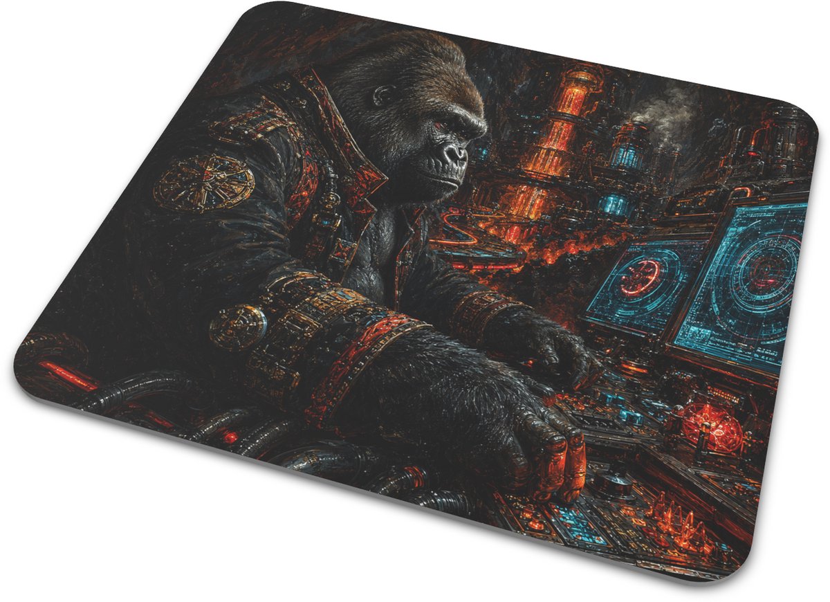 Muismat Cyberpunk Berggorilla Olieverf Schilderij Sci-Fi Gorilla Ingenieur met Neon Schermen en Geothermische Gloed Gaming en Thuiswerkplek Muismat 22x20 cm