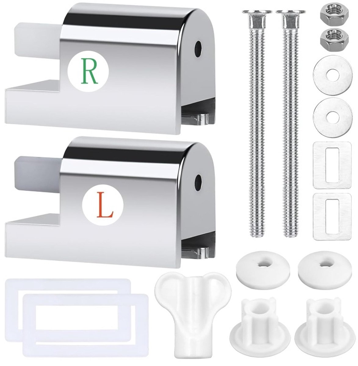 Twee sets universele toiletbrilbevestigingen, vervangende scharnieren voor softclose toiletbrillen, softclose toiletbrilbevestigingssets, metalen scharnieren voor installatie.