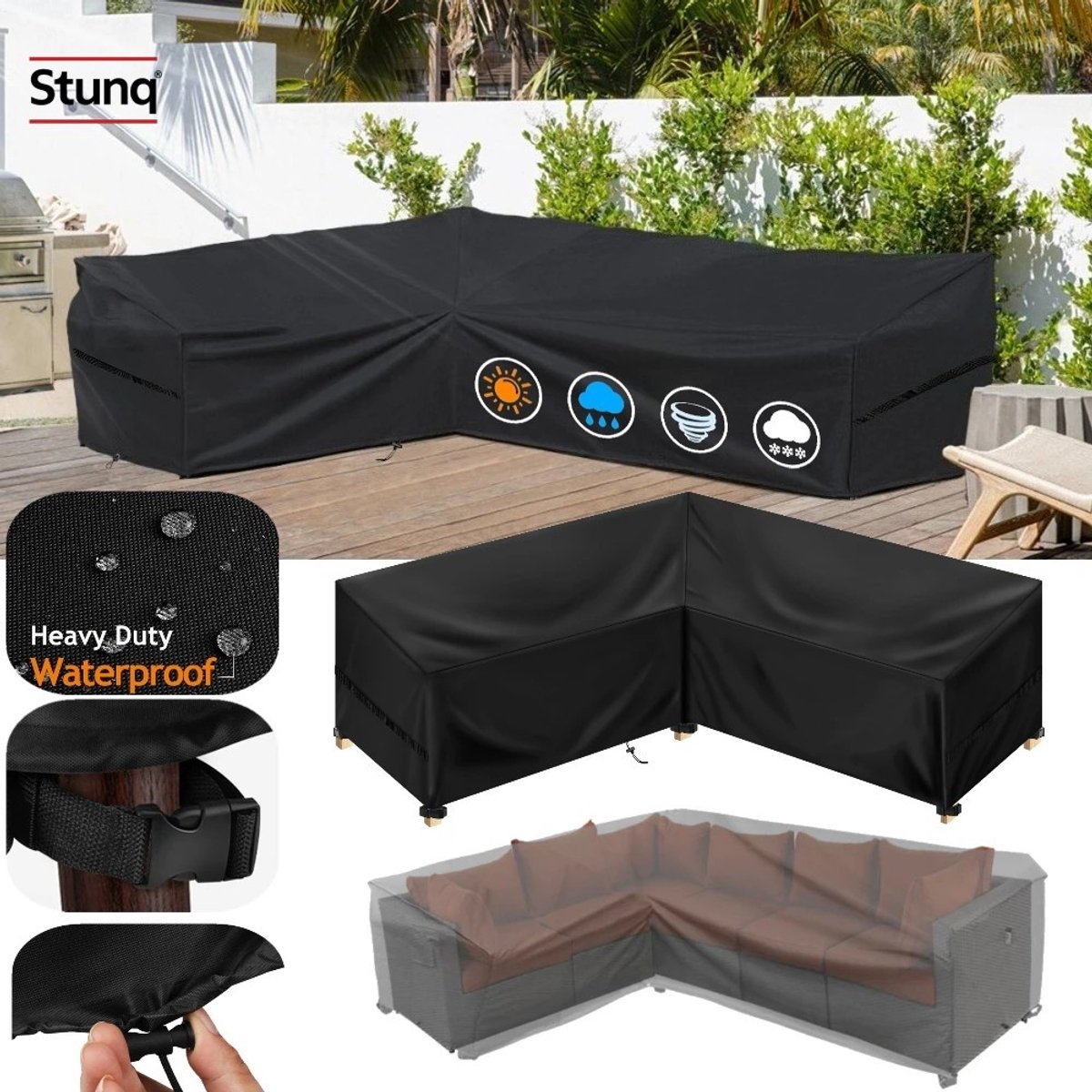Stunq Waterdichte L-vormige Tuinbankhoes Zwart