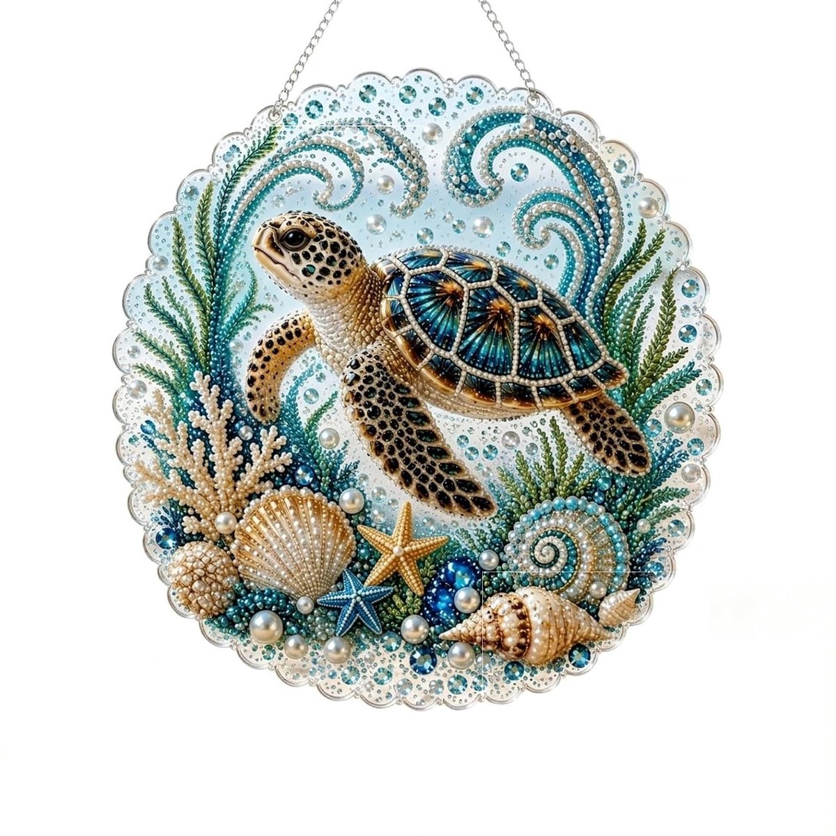 Casalora® Diamond Painting Oceaanhanger – 5D Acryl Zeedecoratie – Zeeschildpad – Enkelzijdige DIY Set met Parels en Speciale Vorm Diamantjes – Oceaan Raamdecoratie – 20 × 20 cm