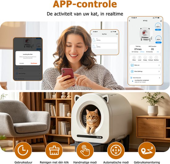 Automatische Kattenbak XXL - Zelfreinigend Electrische Kattenbak - Bedienen via App - 90L + 11L - Incl stekkeradapter en 3 rollen Kattenbakzakken - Slimme Waarschuwing - Gezondheidsbewaking - Incl. Kattenbakmat